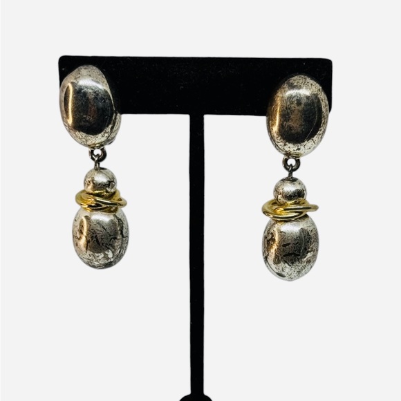Vintage GIVENCHY Signed Clip-On Dangle Earrings – Silver & Gold Tone 1980s - Picture 1 of 6